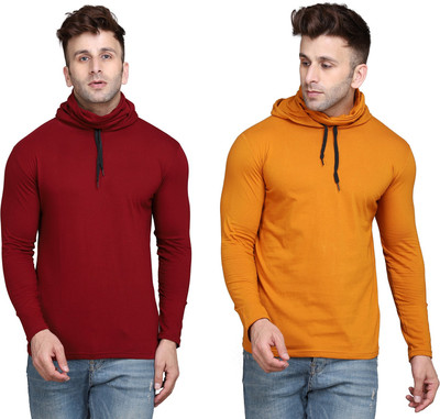 Lawful Casual Solid Men Hooded Neck Gold, Maroon T-Shirt