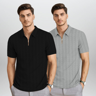 BROWEARS Self Design Men Zip Neck Black, Grey T-Shirt
