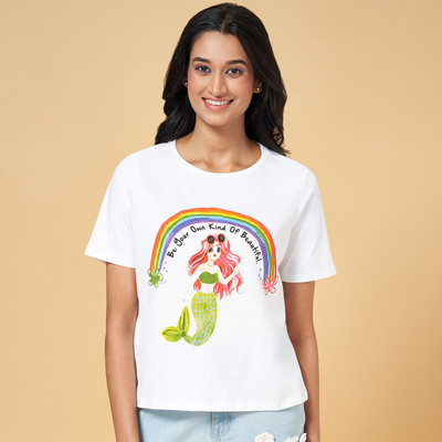 PEOPLE Printed Women Round Neck White T-Shirt