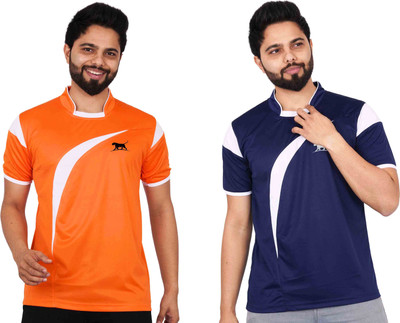 La Milano Colorblock Men Mandarin Collar Navy Blue T-Shirt