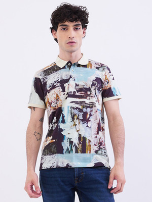 Spykar Printed Men Polo Neck White T-Shirt