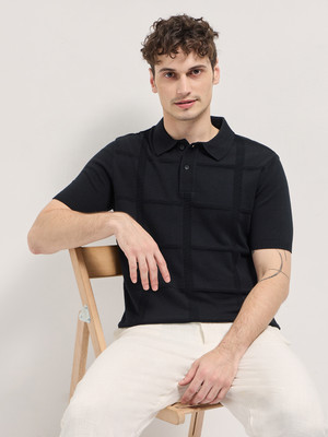 THE BEAR HOUSE Self Design Men Polo Neck Black T-Shirt