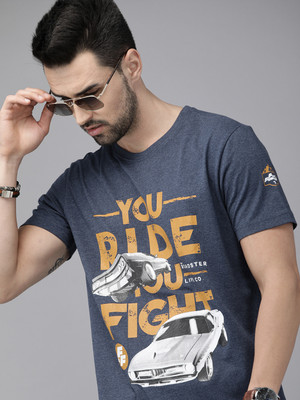 Roadster Printed, Typography Men Round Neck Navy Blue T-Shirt