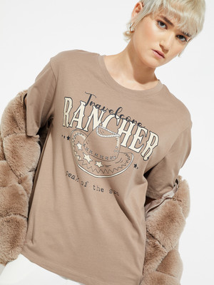 MAX Printed Women Round Neck Beige T-Shirt