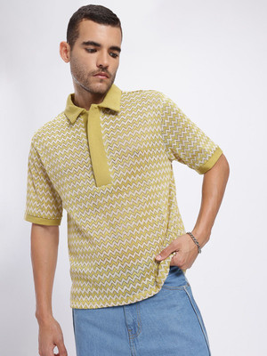 Glitchez Self Design Men Polo Neck Green T-Shirt