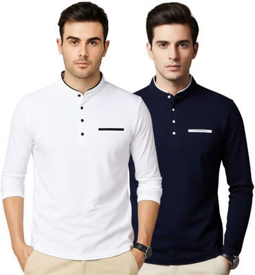 PEAK MOUNT Solid Men Mandarin Collar White, Navy Blue T-Shirt