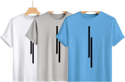 Misty Creation Printed, Self Design Men Round Neck White, Grey, Light Blue T-Shirt