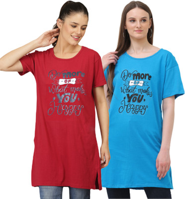 HOC Printed Women Round Neck Maroon, Blue T-Shirt