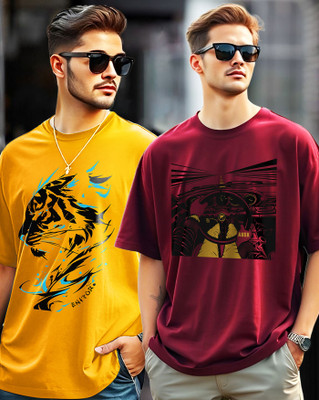 AOOSH Typography Men Round Neck Yellow, Maroon T-Shirt