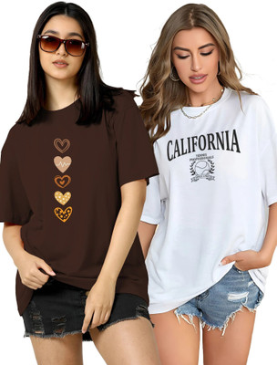 TQH Printed Women Round Neck Brown, White T-Shirt