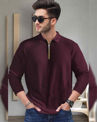 ABHYAMM Self Design Men Zip Neck Maroon T-Shirt