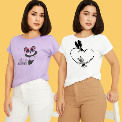 Kintu Parantu Printed Women Round Neck Purple, White T-Shirt