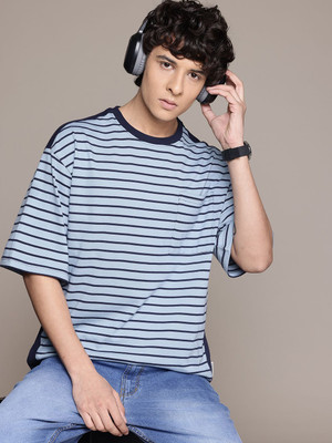 Roadster Striped Men Round Neck Blue T-Shirt