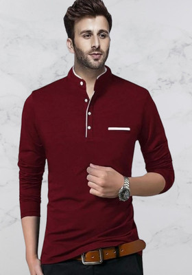 Treasurelook Solid Men Mandarin Collar Maroon T-Shirt