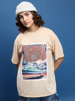 Tokyo Talkies Printed Women Round Neck Beige T-Shirt