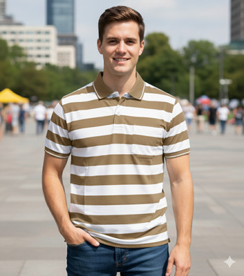 WhiteWolf Striped Men Polo Neck Brown, White T-Shirt