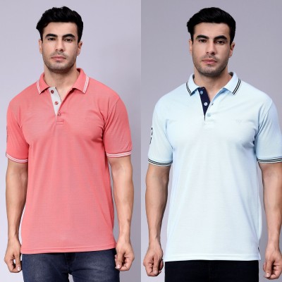 We Perfect Solid Men Polo Neck Pink, Light Blue T-Shirt