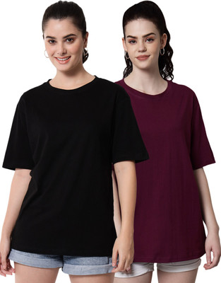 FUNDAY FASHION Solid Women Round Neck Purple, Black T-Shirt