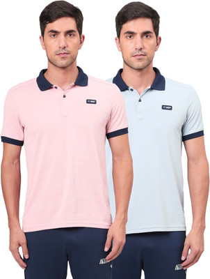 TECHNOSPORT Solid Men Polo Neck Blue, Pink T-Shirt