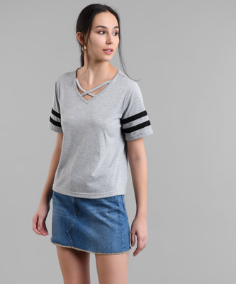 vivient Solid Women V Neck Grey T-Shirt
