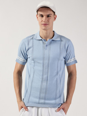 THOMAS SCOTT Striped Men Polo Neck Light Blue T-Shirt