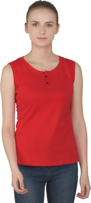 Trendfull Solid Women Henley Neck Red T-Shirt