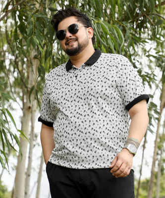 Instafab Plus Printed Men Polo Neck White, Black T-Shirt