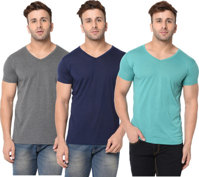 JB Jagoboy Solid Men V Neck Dark Blue, Grey, Light Green T-Shirt