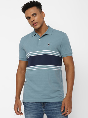 American Eagle Outfitters Striped Men Polo Neck Grey T-Shirt
