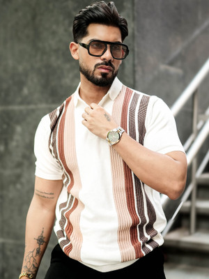 MANIAC Striped Men Polo Neck White T-Shirt