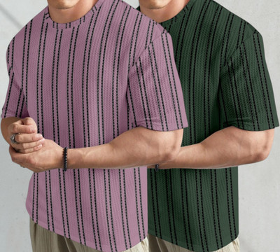 BELPATRA Striped, Self Design Men Round Neck Pink, Green T-Shirt