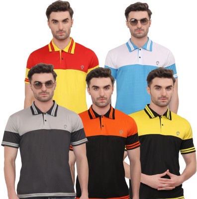 CLOTHINKHUB Striped Men Polo Neck Light Blue, White, Yellow, Grey T-Shirt