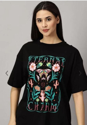 TRENDY TEES Graphic Print Women Round Neck Black T-Shirt