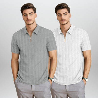 BROWEARS Self Design Men Polo Neck Grey, White T-Shirt