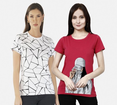 CHOZI Printed Women Round Neck Red, White, Black T-Shirt