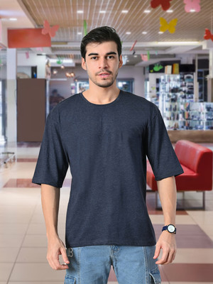 METRONAUT Solid Men Round Neck Navy Blue T-Shirt