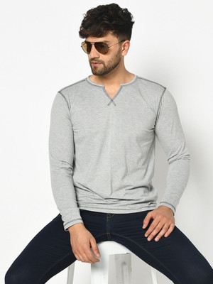 GRABIN Solid Men V Neck Grey T-Shirt