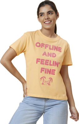 Globus Printed, Typography Women Round Neck Orange T-Shirt