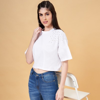 SF Jeans by Pantaloons Printed Women Round Neck White T-Shirt