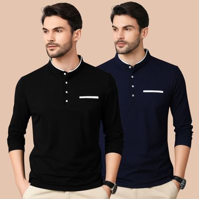 PEAK MOUNT Solid Men Mandarin Collar Black, Navy Blue T-Shirt