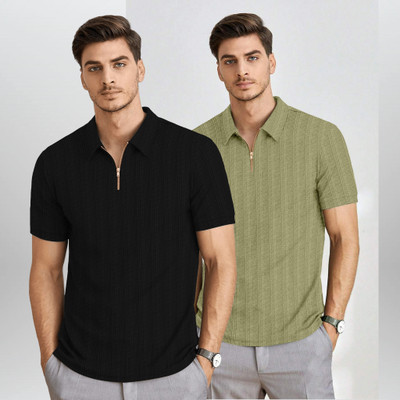 BROWEARS Self Design Men Zip Neck Black, Green T-Shirt