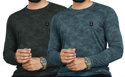 AVOLT Self Design Men Round Neck Dark Green, Grey T-Shirt