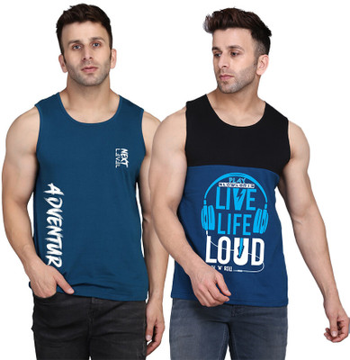 SLOWLORIS Printed, Colorblock Men Round Neck Black, Dark Blue T-Shirt