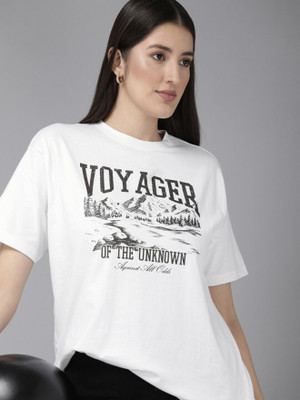 Roadster Printed Women Round Neck White T-Shirt