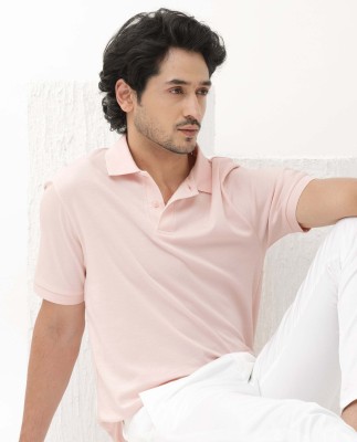 RARE RABBIT Solid Men Polo Neck Pink T-Shirt