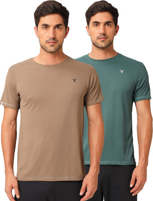 TECHNOSPORT Solid Men Round Neck Brown, Green T-Shirt