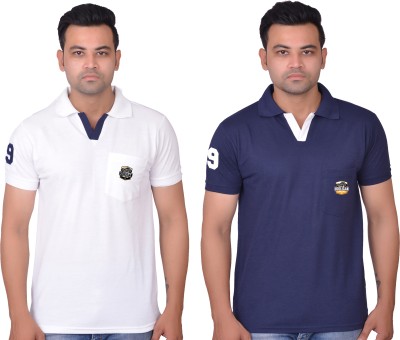 La Milano Solid Men Polo Neck Navy Blue, White T-Shirt