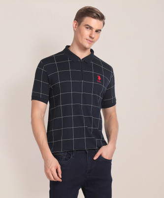 U.S. POLO ASSN. Checkered Men Polo Neck Blue T-Shirt
