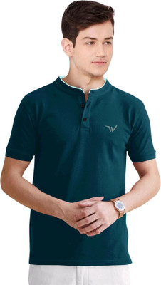 click n buy Solid, Printed Men Mandarin Collar Light Green T-Shirt