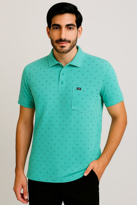 SAND PIPER Self Design Men Polo Neck Light Blue T-Shirt